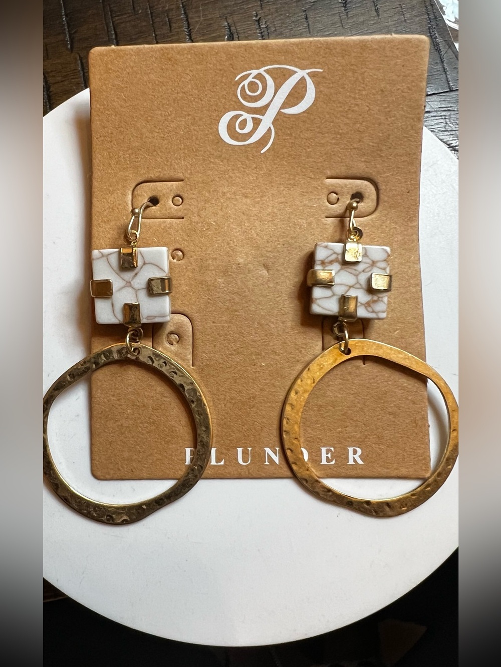 Plunder White Marble Square & Gold Hoop Drop Earrings